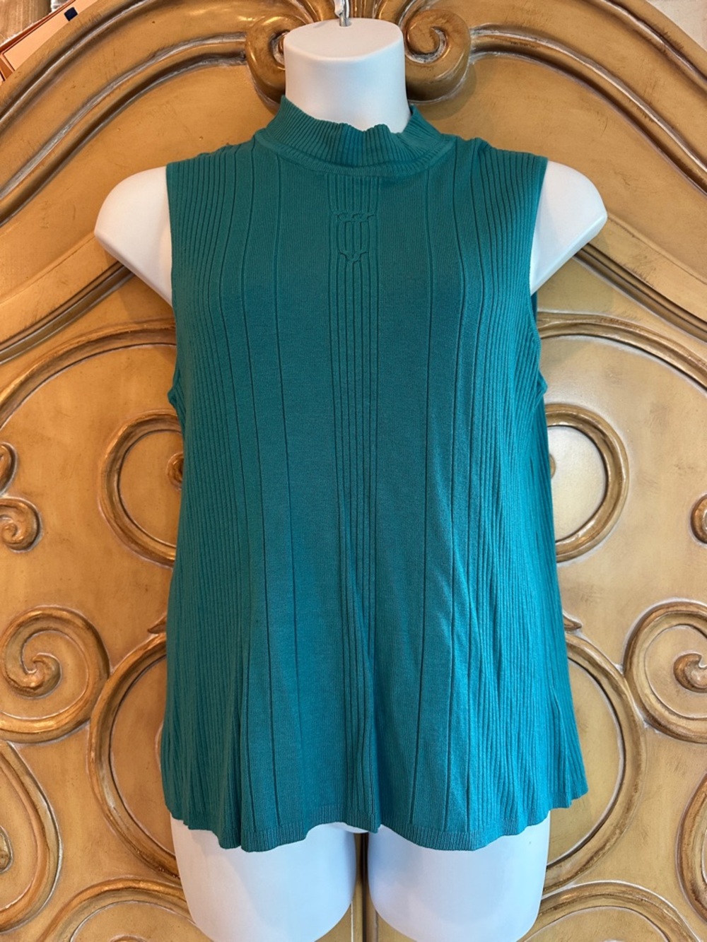 Sleeveless Mock Neck Ribbed Tank Top in Turquoise